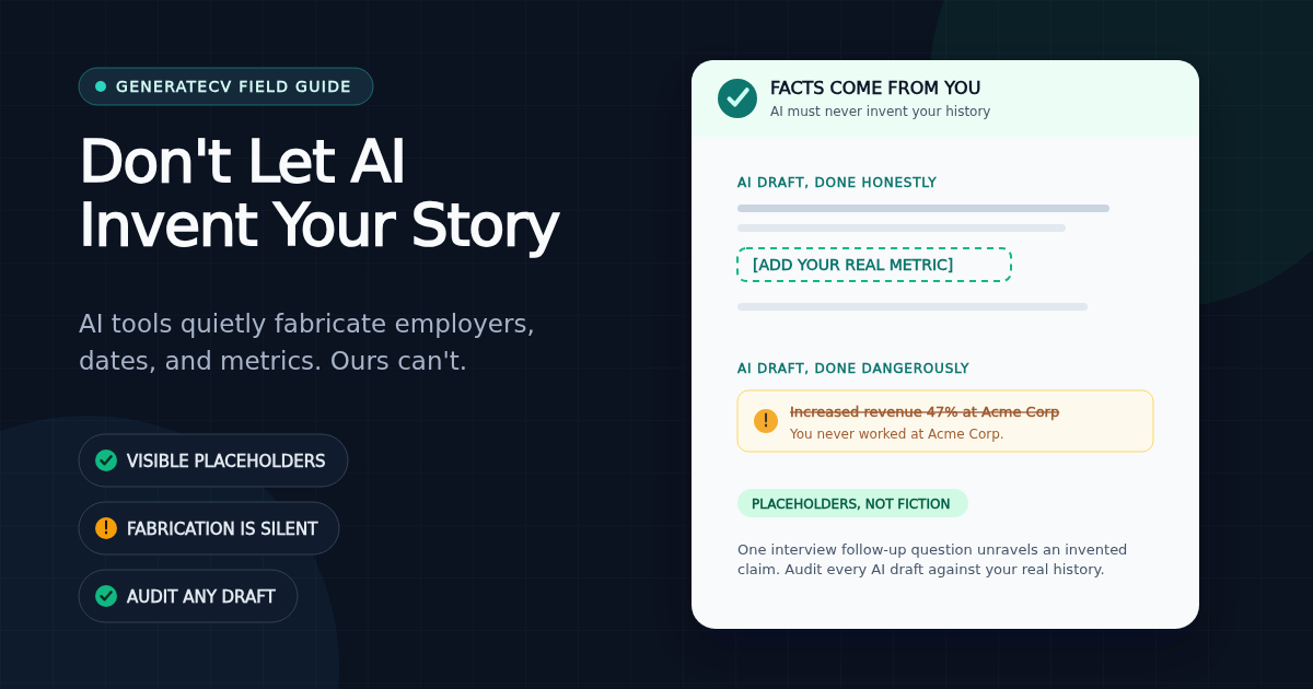 Comparison of an AI resume draft using an honest placeholder for a missing metric versus a draft with a fabricated employer crossed out