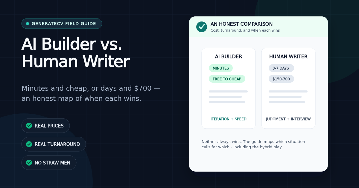 Side-by-side comparison cards for AI resume builders versus professional human writers showing cost and turnaround differences