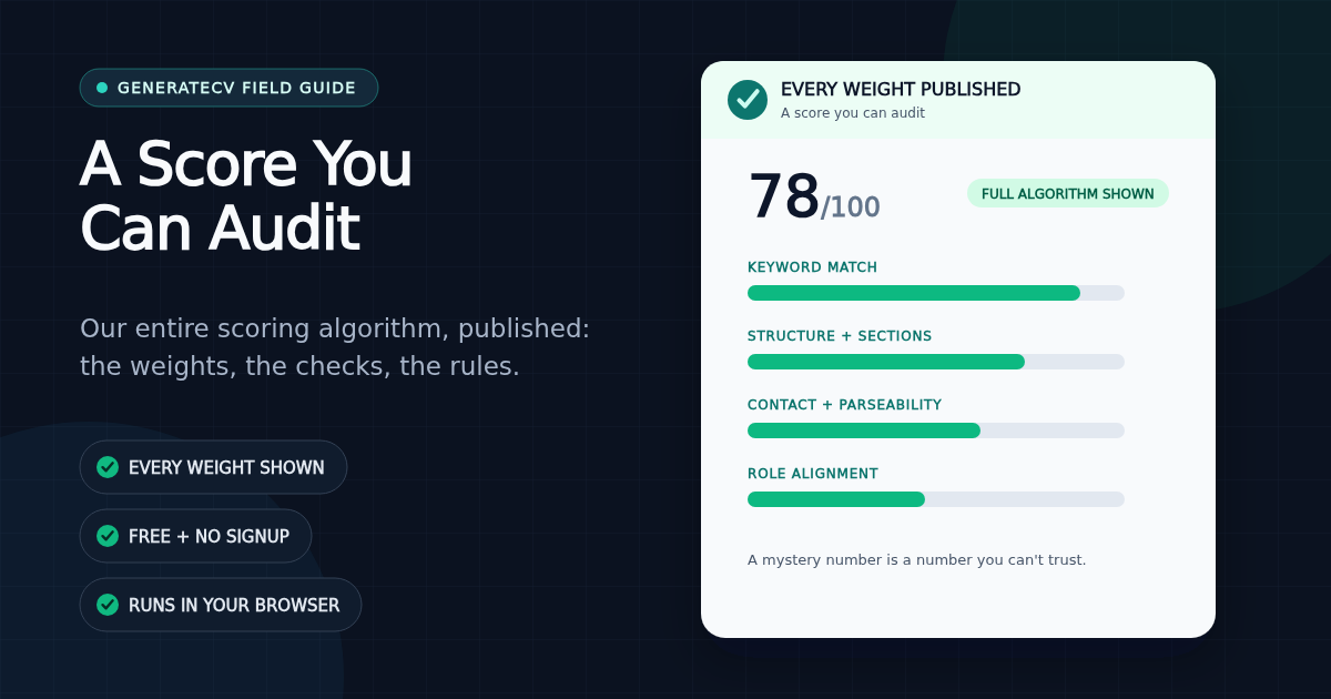 ATS checker score of 78 out of 100 displayed above its published component weight bars for keywords, structure, parseability and role alignment