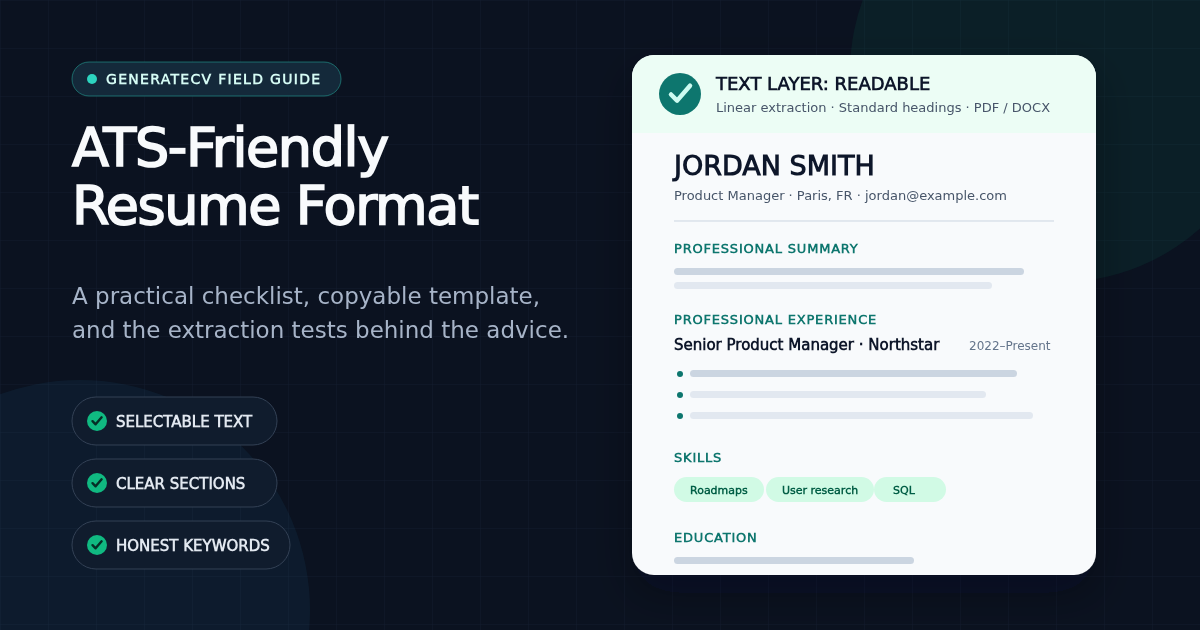 ATS-friendly resume format guide showing a clean document, readable text layer, clear sections, and honest keywords