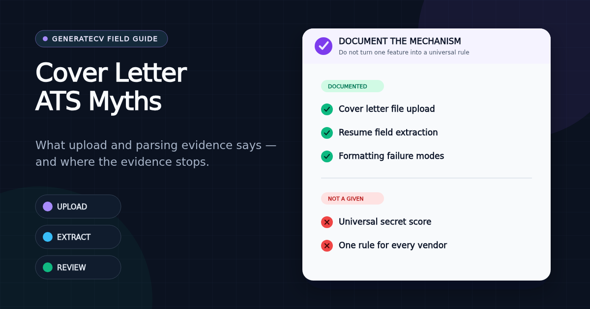 Cover letter ATS myths field guide separating documented file upload and text parsing from unsupported scoring claims