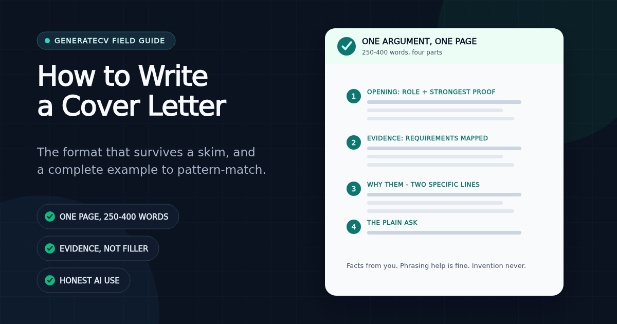 Cover letter structure shown as four numbered parts on one page: opening with proof, evidence paragraph, company fit, and a plain ask