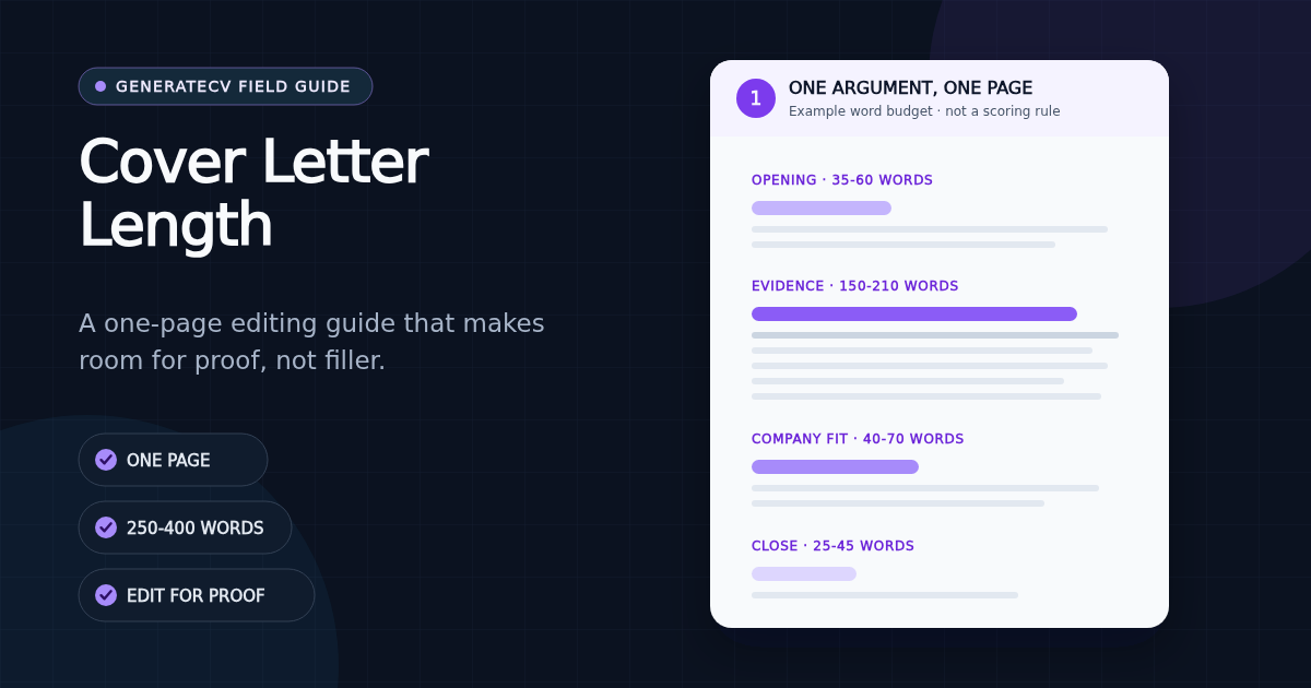 Cover letter length field guide showing a one-page letter with word budgets for opening, evidence, company fit, and close