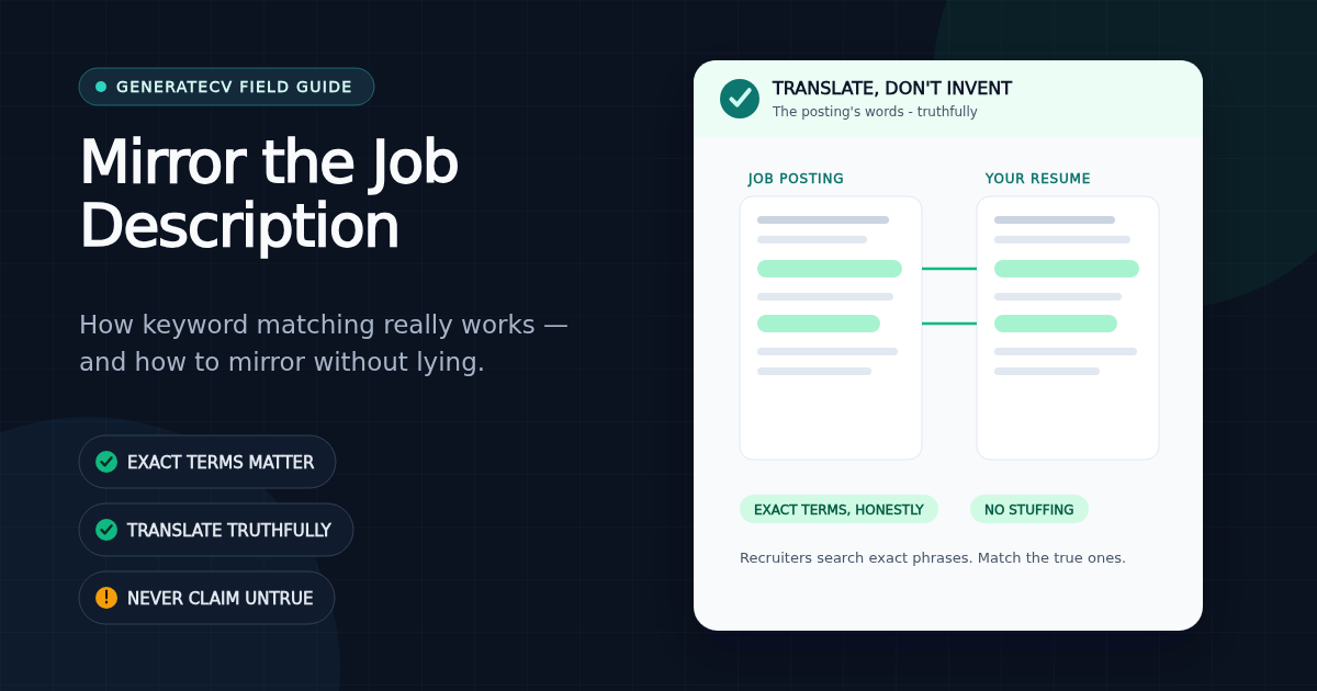 Job posting and resume side by side with two matching keyword phrases highlighted and connected, showing truthful mirroring