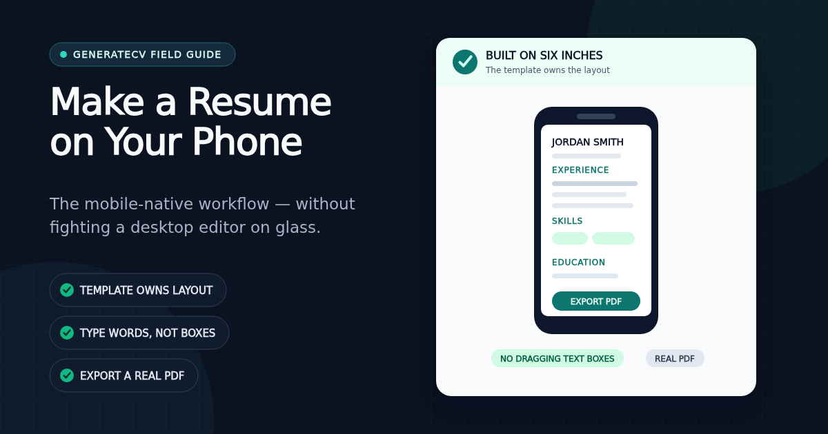Smartphone mockup displaying a clean templated resume being built on the phone with an export to PDF button