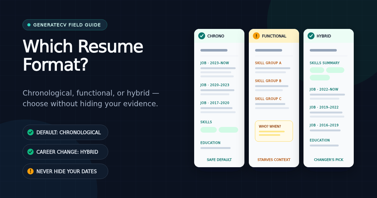 Comparison of reverse-chronological, functional, and combination resume formats shown as three document outlines with their trade-offs