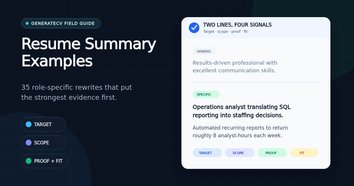 Resume summary field guide showing a generic profile rewritten into a target role, relevant scope, proof, and fit